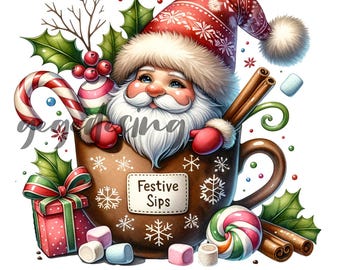 Watercolor Hot Cocoa Gnomes Clipart, Cute Christmas Gnomes Clipart, Festive Gnomes Clipart, Gnomes PNG, Holiday Sublimation Digital Files