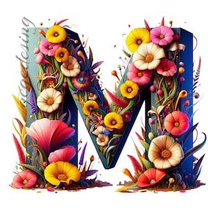 Letra M (Png), Diseño de sublimación de la letra M, Cumpleaños femenino M, Letra M de primavera, Letra M de flor, Clipart, Fuente linda de la letra M para primavera
