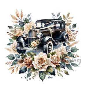 Watercolor Wedding Clipart Wedding Vintage Black Car, Clipart Vintage Car, Wedding Day Clipart PNG, Just Married Clipart Sublimation PNG