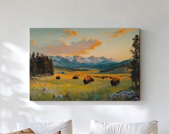 Yellowstone Bison Canvas Wall Art, Lamar Valley Wildlife Print, Wyoming National Park Nature Decor, American Buffalo Herd Landscape Canvas