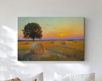 Midwest Haybale Canvas Wall Art, Kansas Prairie Sunset Print, Flint Hills Farmland Nature Decor, Rural American Landscape Canvas