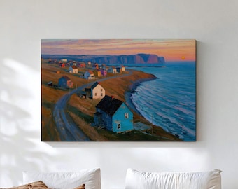 Newfoundland Twillingate Canvas Wall Art, Maritime Coastal Village Sunset Print, Atlantic Canada Nature Decor