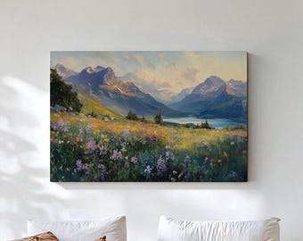 Glacier National Park Canvas Art, Montana Mountain Landscape Print, Alpine Wildflower Meadow Poster, Rustic Nature Decor