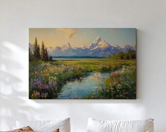 Grand Teton Canvas Print, Wyoming Wildflower Meadow Landscape, Jackson Hole Nature Decor