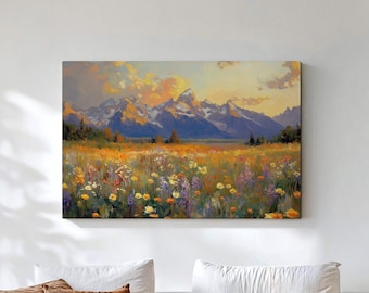 Grand Teton Canvas Print, Sunset Wildflower Wall Decor, Wyoming Mountain Landscape, Ready to Hang