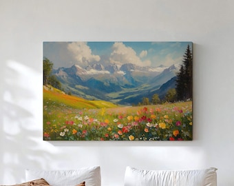 Austria Tyrol Canvas Wall Art, Alpine Mountain Meadow Decor, Austrian Alps Wrapped Canvas, Wildflower Landscape Art