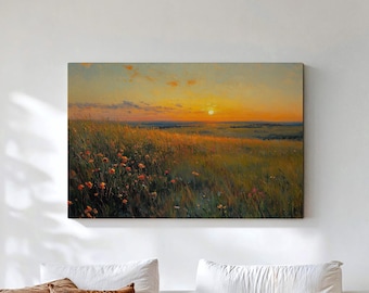 Lienzo de pradera de hierba alta, arte mural de puesta de sol en Flint Hills, Kansas, decoración de naturaleza de las Grandes Llanuras, lienzo de paisaje de Kansas
