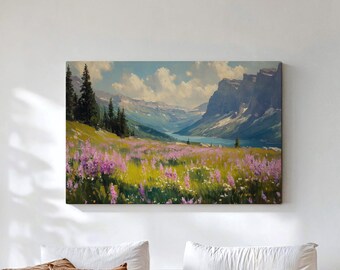 Glacier National Park Canvas, Montana Wildflower Wall Art, Rocky Mountain Lake Landscape, Ready to Hang Canvas Print