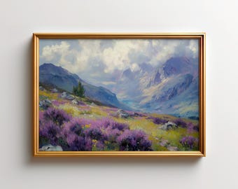Scottish Highlands Wall Art, Glencoe Purple Heather Print, Isle of Skye Mountain Decor, Moody UK Landscape Poster, Nature Floral Artwork
