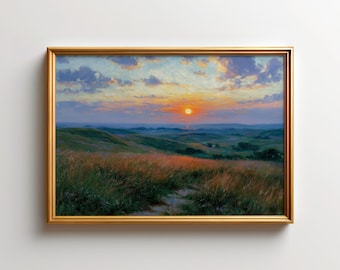 Flint Hills Kansas Wall Art, Midwest Prairie Sunset Print, Rolling Meadow Landscape Poster, Rustic Farmhouse Decor