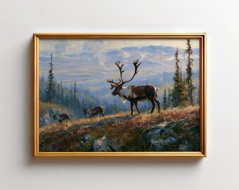 Boreal Caribou Wall Art, Yukon Wildlife Print, Canadian Tundra Landscape, Arctic Nature Poster, Woodland Caribou Herd Autumn Decor