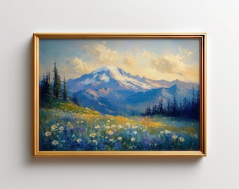 Mount Rainier Wildblumen Kunstdruck, Washington Landschaft Wandkunst, Naturszene pazifischer Nordwesten
