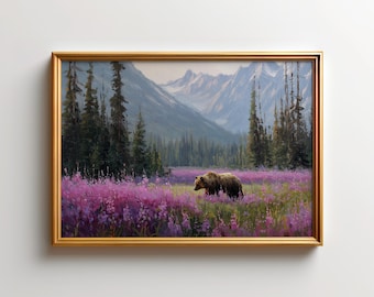Grizzly Bear Art Print, Fireweed Wildflower Wall Art, Jasper National Park Wildlife, Mountain Cabin Wall Decor, Rocky Mountain Nature Art