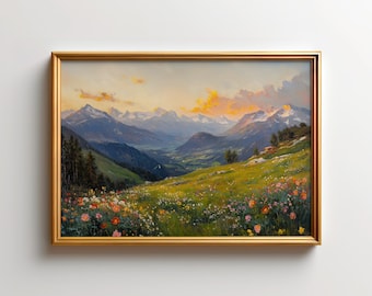 Tyrol Alps Wall Art, Austria Mountain Valley Print, Wildflower Meadow Sunrise Decor, Zillertal Alpine Poster, European Scenery Artwork