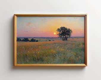 Texas Hill Country Meadow Sunset Vintage Wall Art, Wildflower Field Landscape Print, Rustic Farmhouse Decor Nature Poster