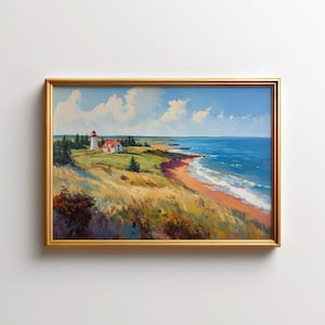 Peinture phare de l'Île-du-Prince-Édouard, art mural bord de mer de paysage de sable rouge, décoration nature canadienne, impression d'art Î.-P.-É.