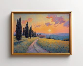 Lámina de paisaje toscano, arte mural del sol de la Toscana, decoración campestre italiana, póster vintage de ciprés, obra de arte rústica mediterránea