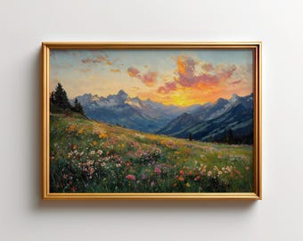 French Alps Wall Art, Chamonix Wildflower Meadow Print, Mont Blanc Sunset Decor, Mountain Valley Poster, Rustic European Landscape