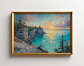 Sunser Bruce Peninsula Art Print, Georgian Bay Wall Art, Ontario Limestone Cliff Nature Decor, Niagara Escarpment Turquoise Lake Art