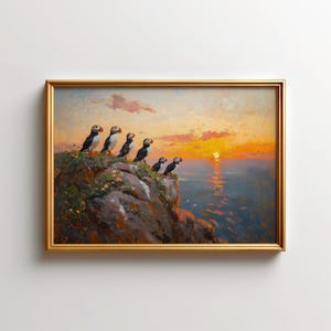 Papageientaucher Malerei, Sonnenuntergang Neufundland Poster, Papageientaucher Wandkunst, Grönland Ozean Poster, Natur Kunstdruck, Wildtiere Landhaus Dekor