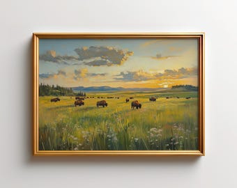Bison Art Print, Yellowstone Sunrise Landscape Poster, Montana Wildlife Wall Decor