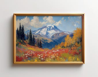 Mount Rainier National Park Autumn Wall Art, Washington State Fall Meadow Poster Print, Pacific Northwest Mountain Landscape Artwork