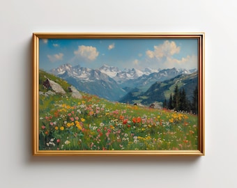Cuadros de los Alpes suizos, lámina de paisaje suizo, póster vintage de flores silvestres alpinas, decoración de montaña estilo cottagecore, obra de arte europea de primavera