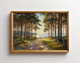 Lake Michigan Art Prints - Morning Sunlight Forest Lake Painting, Michigan Landscape Decor, Nature Wall Art for Home