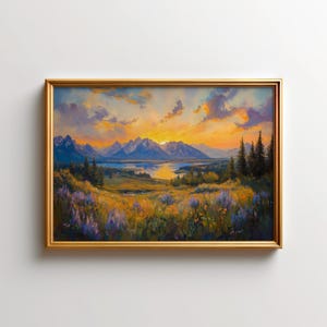 Grand Teton Gemälde: Sonnenaufgang Wildblumen Wandkunst der Wyoming Berge - Grand-Teton Nationalpark Wiesendruck