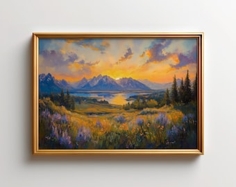 Grand Teton National Park Sunset Wall Art, Wyoming Mountain Landscape Artwork, Wildflower Meadow Decor, Western Nature Art Print