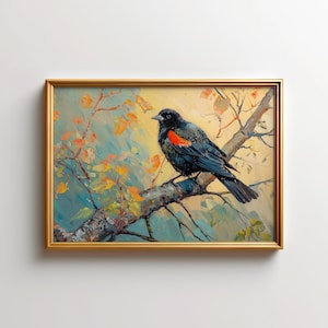 Pintura de mirlo de alas rojas / Decoración de pared con aves de Norteamérica / Póster de vida silvestre de mirlo de alas rojas de Canadá