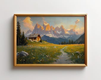 Italian Dolomites Wall Art, Alpe di Siusi Meadow Print, Alpine Hut Decor, Mountain Sunset Landscape Poster, Rustic Cabin Artwork