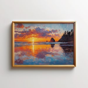May include: A framed painting of a sunset over a calm ocean with a rocky shoreline and a reflection of the sky in the water.