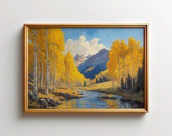 Colorado Aspen Trees Autumn Wall Art, Rocky Mountains River Fine Art Print, Fall Foliage Golden Hour Artwork, Aspen Colorado Decor