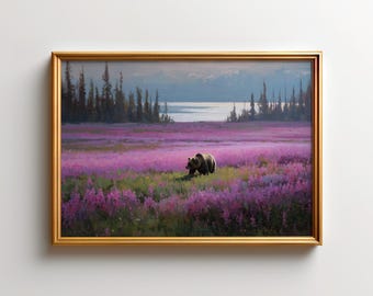 Grizzly Bear in Purple Fireweed Print, Glacier National Park Wall Art, Montana Wildlife Landscape Decor