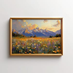 Grand Teton Gemälde Sonnenuntergang Wandkunst, Frühling Wildblumen Wiese Print, Wyoming Berge Landschaft, Grand Teton Nationalpark Dekor