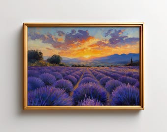 Lámina de campo de lavanda de Provenza, arte mural de paisaje al atardecer, decoración del sur de Francia, póster de la campiña francesa, estilo cottagecore mediterráneo.