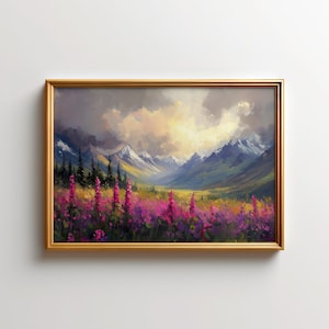 Denali National Park Painting - Alaska Wildflowers Art Print, Glacier Landscape Wall Art, Serene Denali Preserve Home Decor