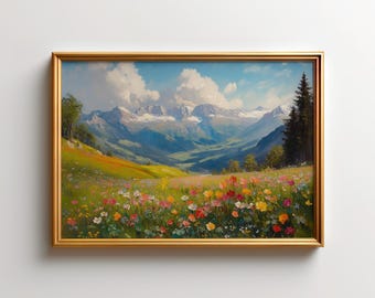 Lámina de paisaje del Tirol austriaco, arte mural de pradera alpina, decoración vintage de los Alpes europeos, póster floral de montaña estilo cottagecore, decoración mural de naturaleza