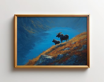 Newfoundland Moose Art Print, Gros Morne National Park Art, Moose and Cub Wall Decor, Canada Wildlife Gift, Autumn Fjord Landscape