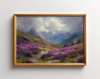 Cuadro decorativo de brezo escocés, lámina del valle de Glencoe, paisaje floral púrpura melancólico, decoración de las Tierras Altas de Escocia, arte de montaña europeo vintage.