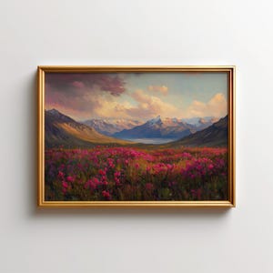 Alaska Wildflowers Painting, Denali National Park Art Print, Glacier Landscape Wall Art, Rustic Alaska Cabin Home Decor