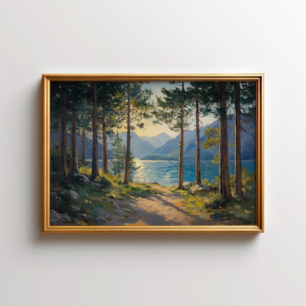 Pintura del lago Tahoe: Arte mural con bosque a la luz del sol, impresiones artísticas del parque estatal Sand Harbor