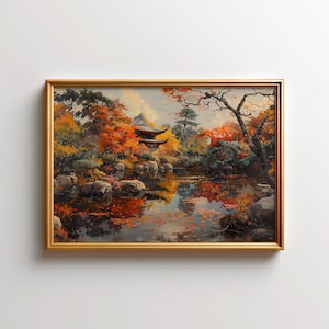 Japanischer Garten, Wandbild: Herbst Kyoto Landschaftsmalerei, Japanischer Tempel Kunstdruck, Herbst Dekor für Zuhause