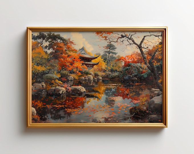 Autumn Kyoto Temple Art Print: Japanese Garden Landscape