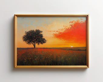 Oklahoma Tallgrass Prairie Wall Art, Midwest Landscape Decor, Flint Hills Sunset Art, Burning Sky Lone Tree Nature Print