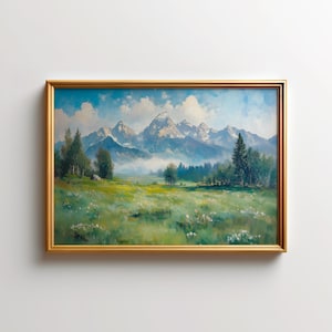 Grand Teton Gemälde: Morgennebel Berglandschaft Kunstdruck der Wiese des Grand Teton National Park in Wyoming