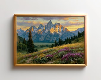 Grand Teton National Park Wall Art, Wyoming Mountain Print, Wildflower Sunset Landscape, Teton Range Poster, Rustic Nature Decor Gift