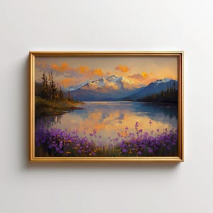 Sunset Rocky Mountain Art Painting, Glacier National Park Wildflower Print, Montana Landscape Poster, Glacier Sunset Wall Decor