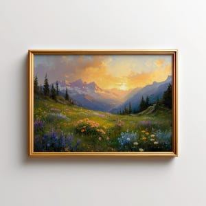 May include: A painting of a mountain landscape with a field of wildflowers in the foreground. The sky is a vibrant orange and yellow, with clouds in the distance. The mountains are a dark blue and green, with snow-capped peaks. The wildflowers are a variety of colors, including purple, pink, yellow, and white.